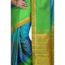 Vijayalashmi Blue, Green, Gold, Turquoise Green Kanchipuram Silk Saree [विजयलक्श्मी नील हरीत स्वर्ण काञ्चीपुरं कौशेय शाटिका]